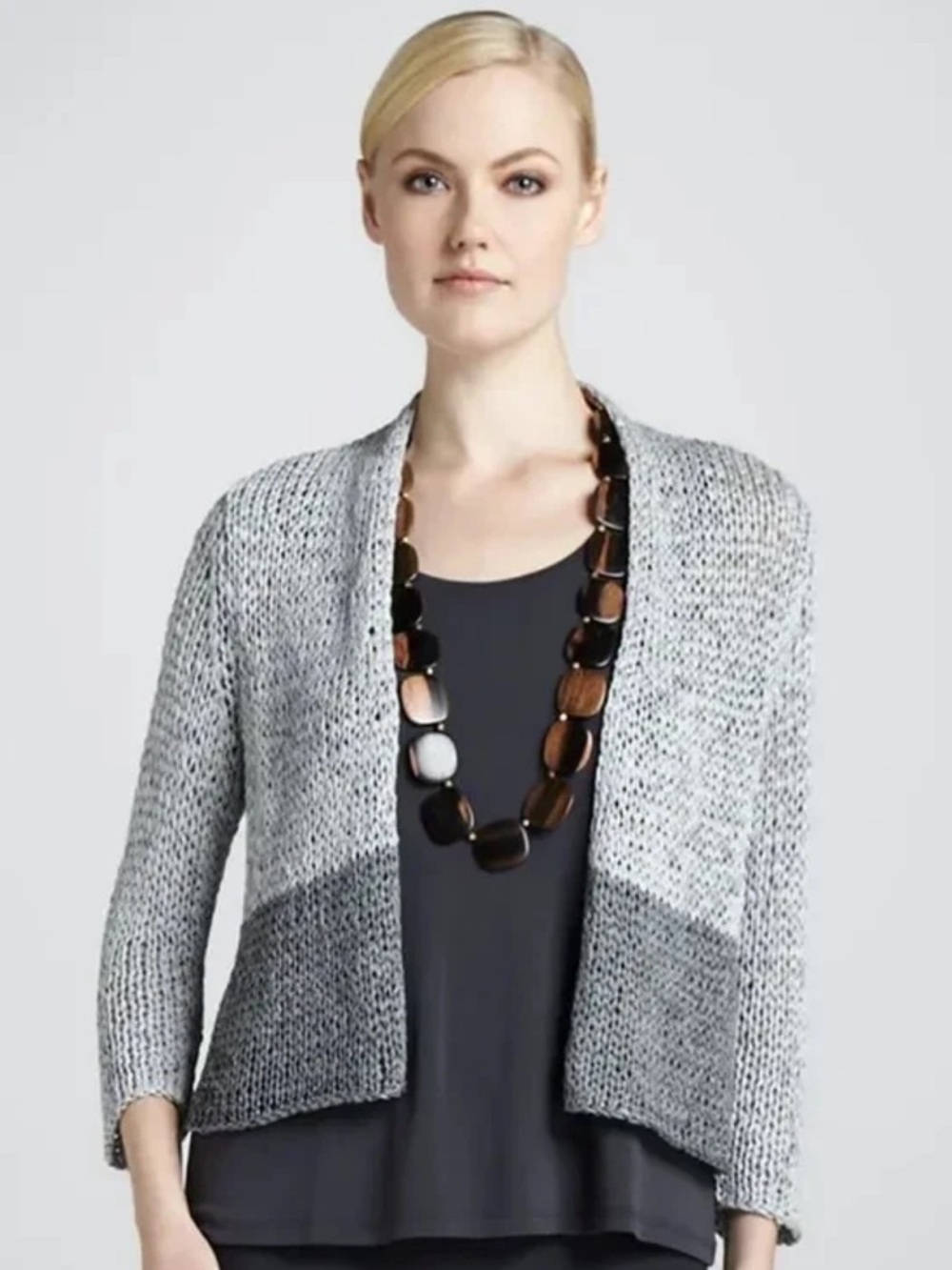 Eileen Fisher Grey Colorblock Chunky Knit Cardigan Sweater Medium - Picture 2 of 6